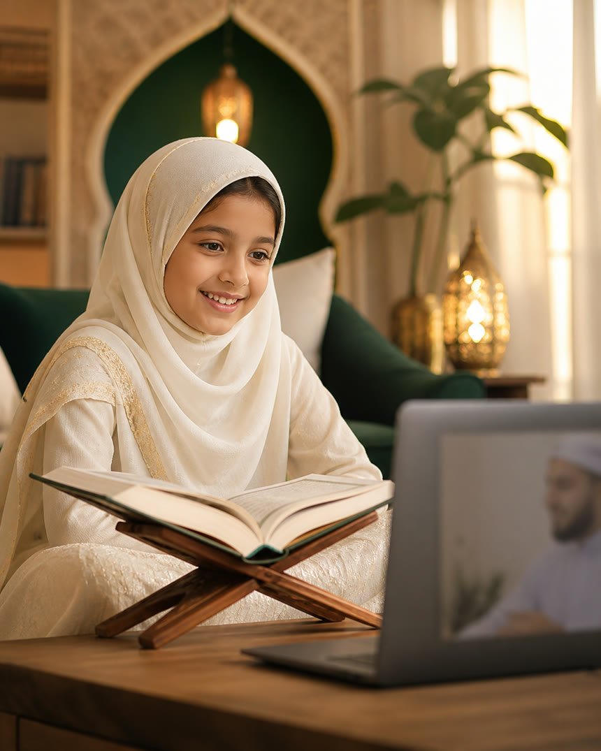 A child reading the Quran during an online lesson