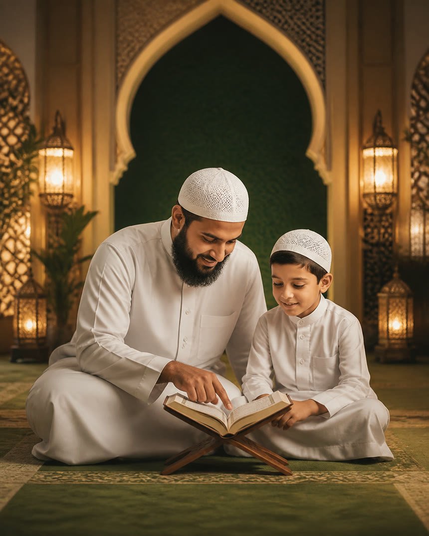 A teacher guiding a young student through the Quran in a live online class
